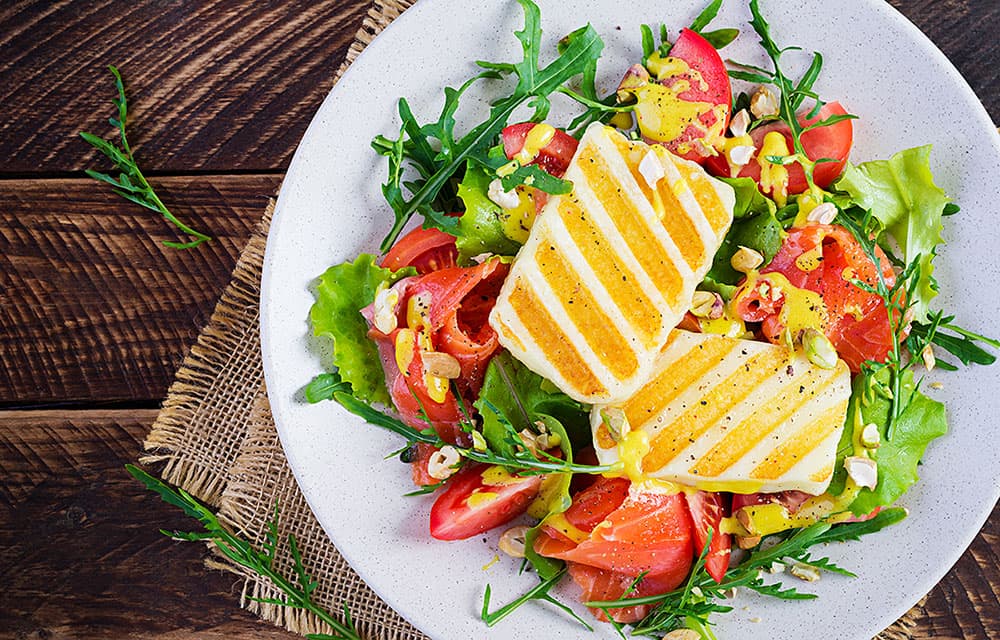 grilled halloumi cheese salad with salt salmon