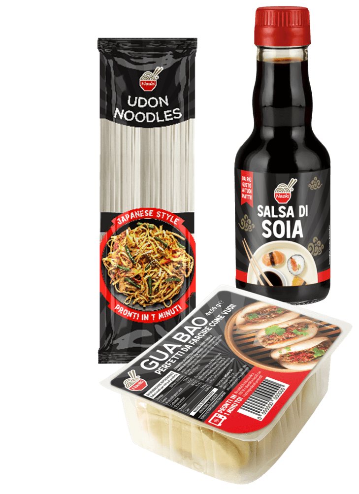 Asian ethnic products by Naoki: udon noodles, soy sauce and gua bao ready in minutes