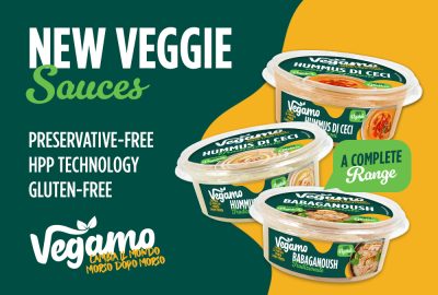 New Vegamo plant-based sauces: hummus and baba ganoush, preservative-free, gluten-free, made with HPP technology and inspired by traditional recipes.