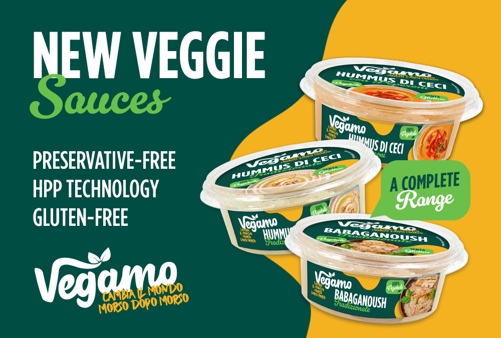 New Vegamo plant-based sauces: hummus and baba ganoush, preservative-free, gluten-free, made with HPP technology and inspired by traditional recipes.
