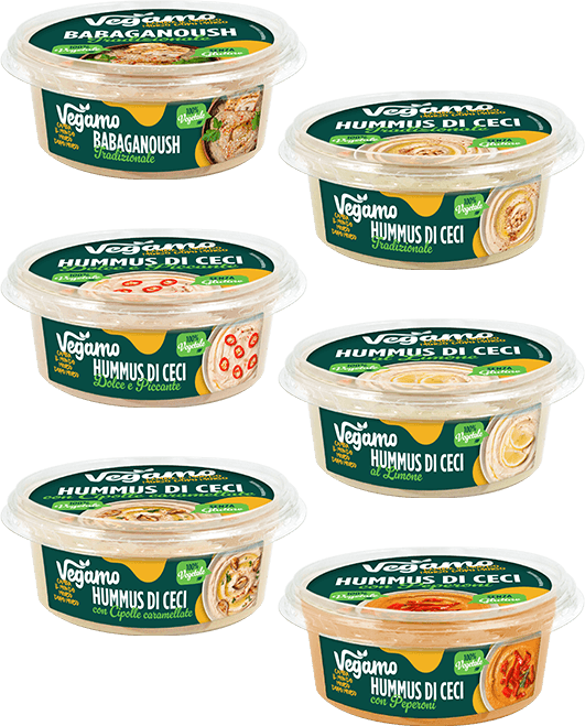 Gamma completa salse vegetali Vegamo: babaganoush e hummus in sei varianti, 100% vegetali, senza glutine e senza conservanti