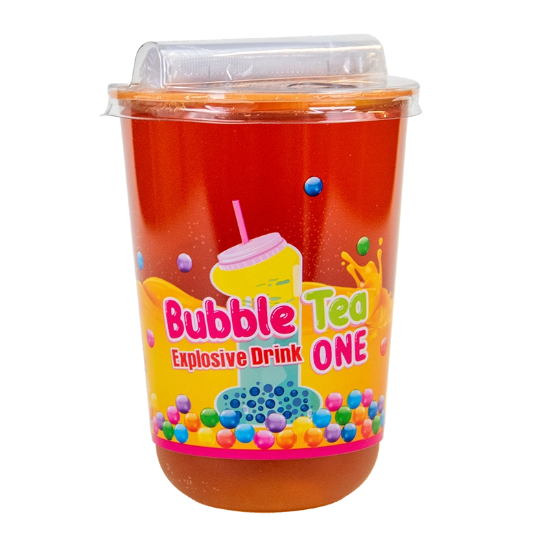 Confezione del Bubble Tea ONE gusto Kyoto Spring, tè alla pesca con bolle di lime, in formato ready-to-drink da 450 ml con cannuccia compostabile – distribuito da Atlante per il banco frigo di Esselunga.