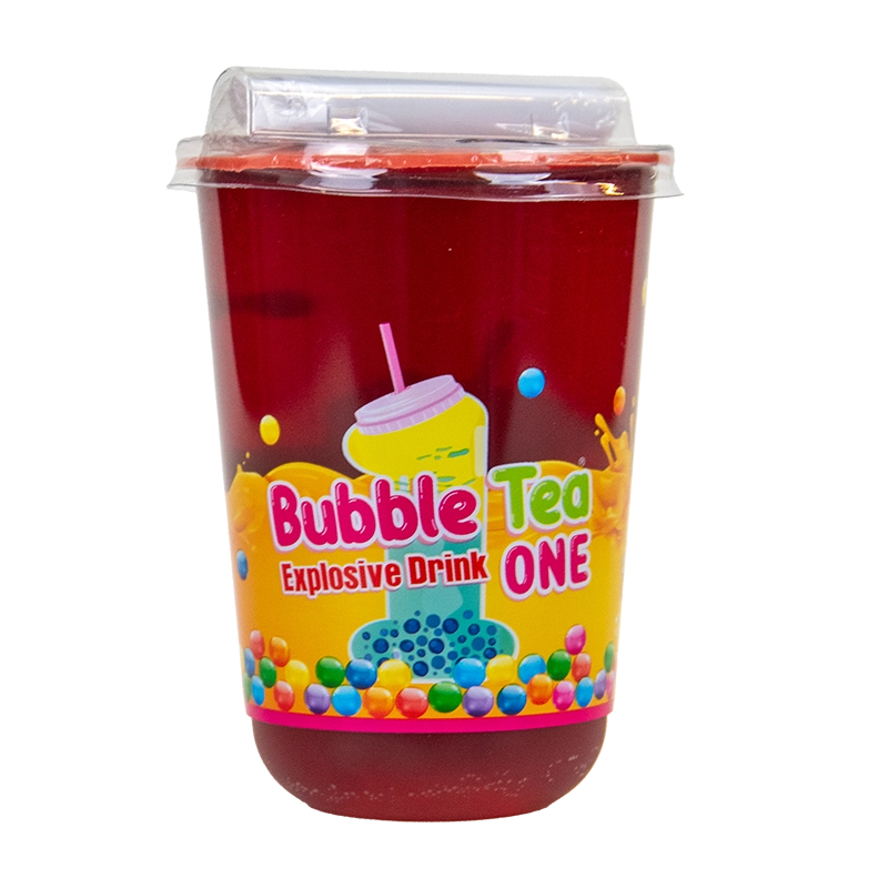 Confezione del Bubble Tea ONE gusto Red Passion, tè alla fragola con bolle di passion fruit, in bicchiere monoporzione con pack sostenibile – novità Atlante nella categoria beverage innovativi.