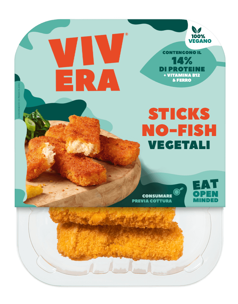 Vivera No‑Fish Sticks 210 g packaging, plant‑based fish‑style sticks. Source of protein, B12 and iron.