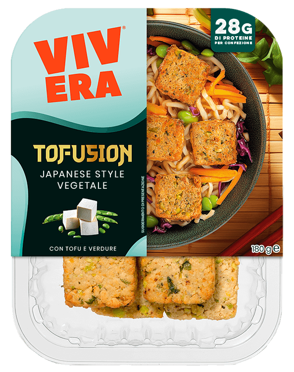 Vivera Tofusion Japanese Style 180 g packaging, featuring tofu‑and‑vegetable blend with 28 g protein per pack.