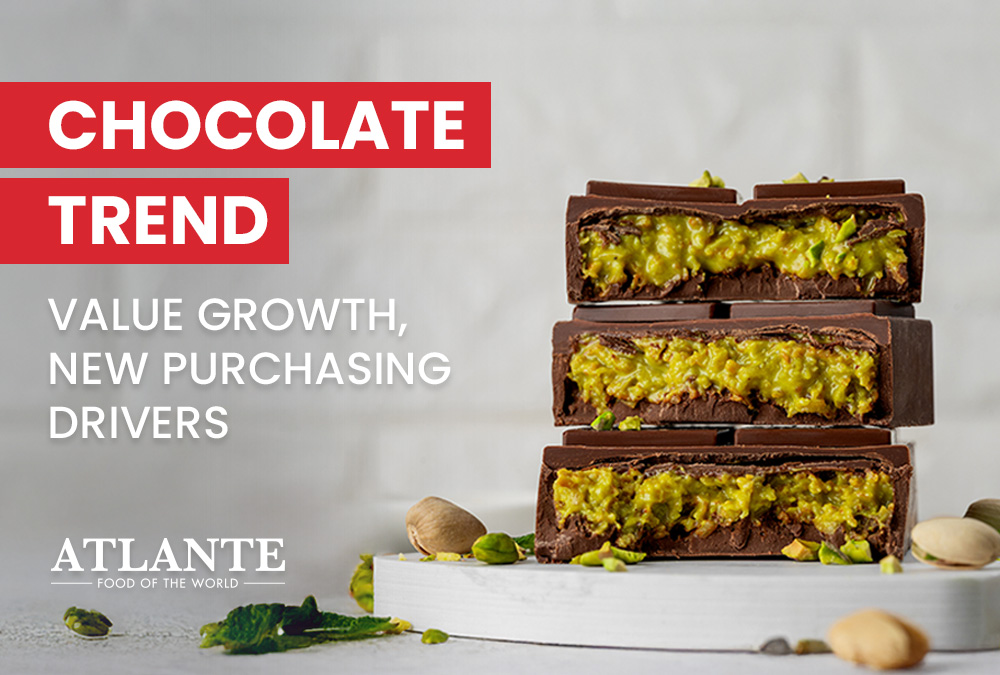 Stack of chocolate bars filled with pistachio cream on a plate, with whole pistachios. Text: Chocolate Trend – Value growth, new purchasing drivers.