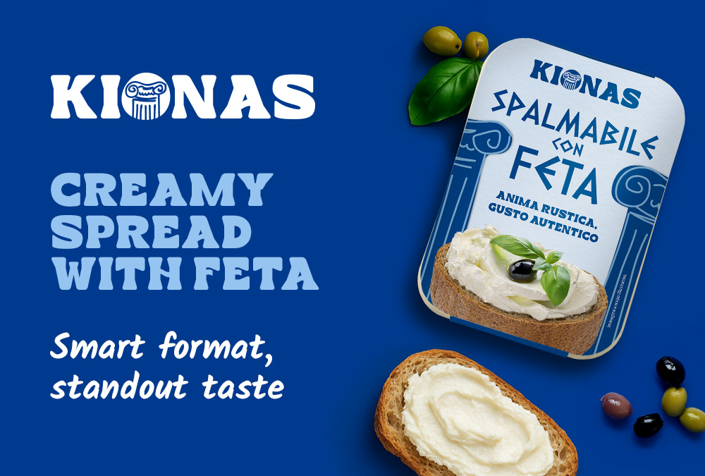 Creamy spread with feta by Kionas – 200g tub with bread and spread. Blue Mediterranean-style packaging with the claim "Smart format, standout taste".