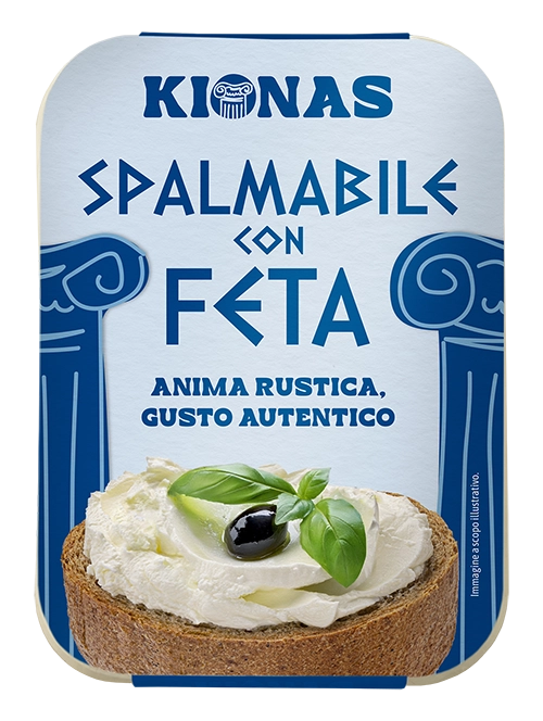 Confezione da 200g di spalmabile con feta Kionas – vaschetta blu con visual a colonne, fetta di pane con crema spalmata, claim “Anima rustica, gusto autentico”.