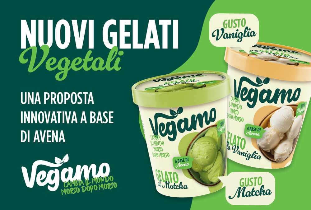 Nuovi gelati Vegamo base avena nei gusti Vaniglia e Matcha – visual promozionale