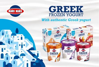 KRI KRI Greek Frozen Yogurt packaging in various flavours, with minimalist Greek island illustrations and the claim “With authentic Greek yogurt”.