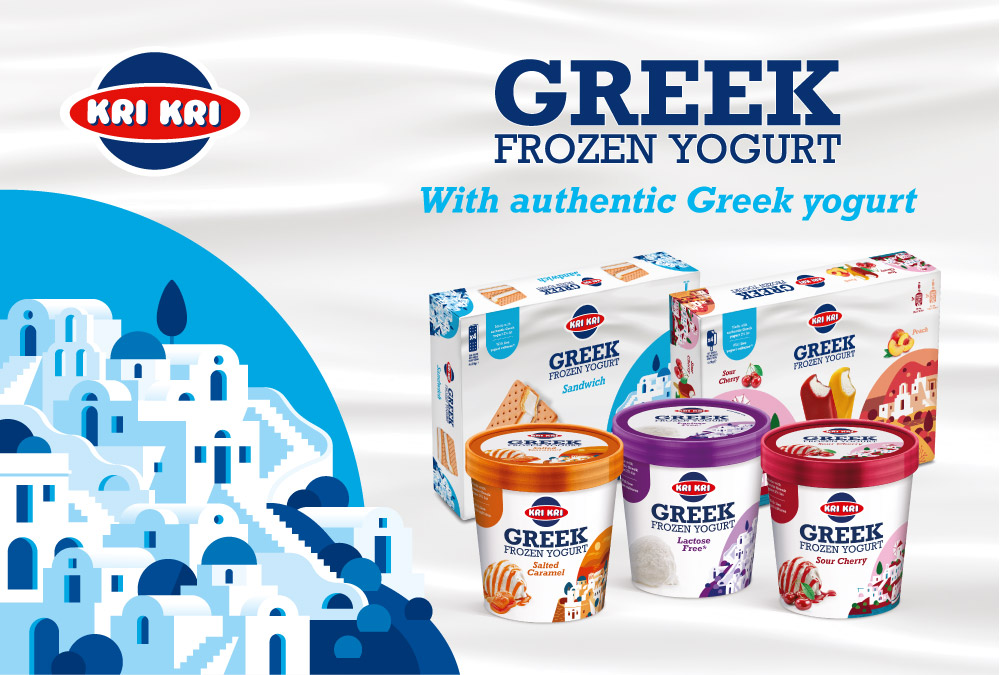 KRI KRI Greek Frozen Yogurt packaging in various flavours, with minimalist Greek island illustrations and the claim “With authentic Greek yogurt”.